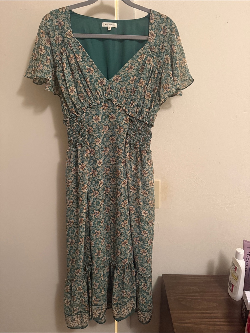 Max Studio Teal Floral V-Neck Midi Dress